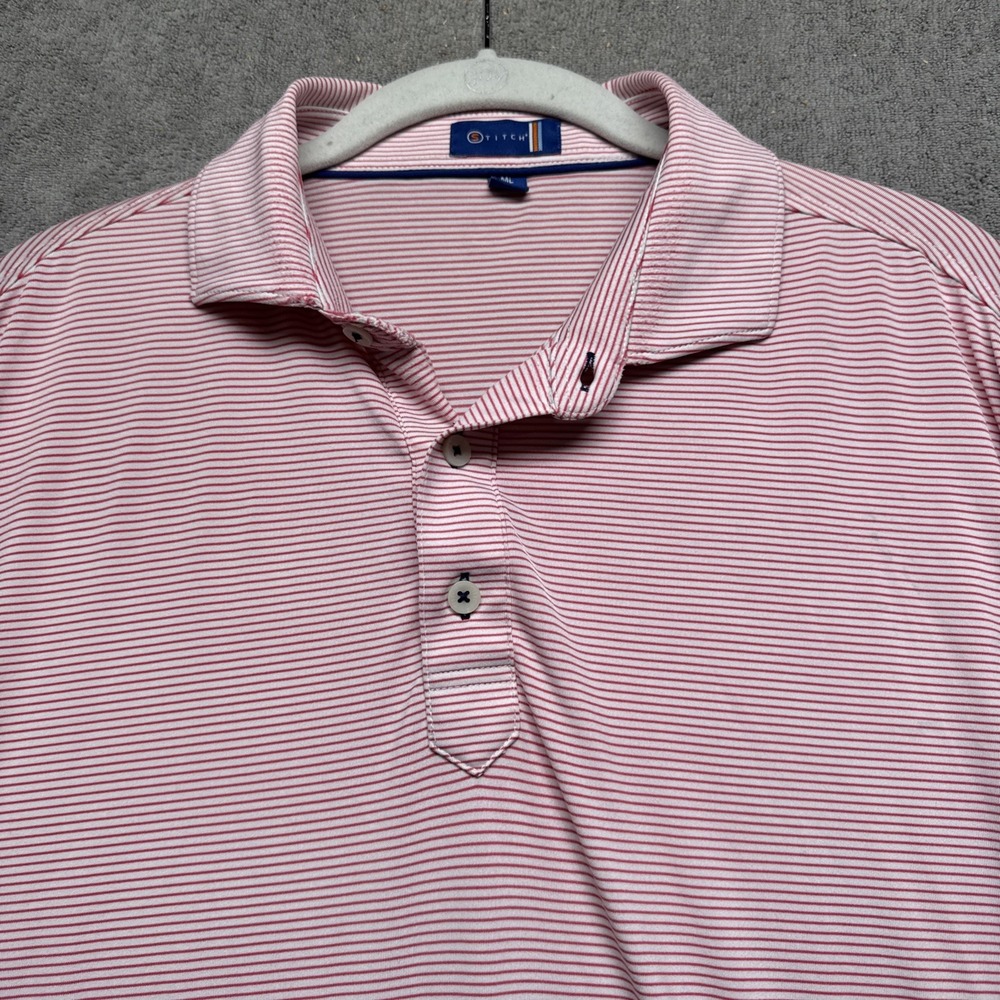 Stitch Golf Polo Shirt Men's Medium Pink White Stripe Performance Preppy Classic